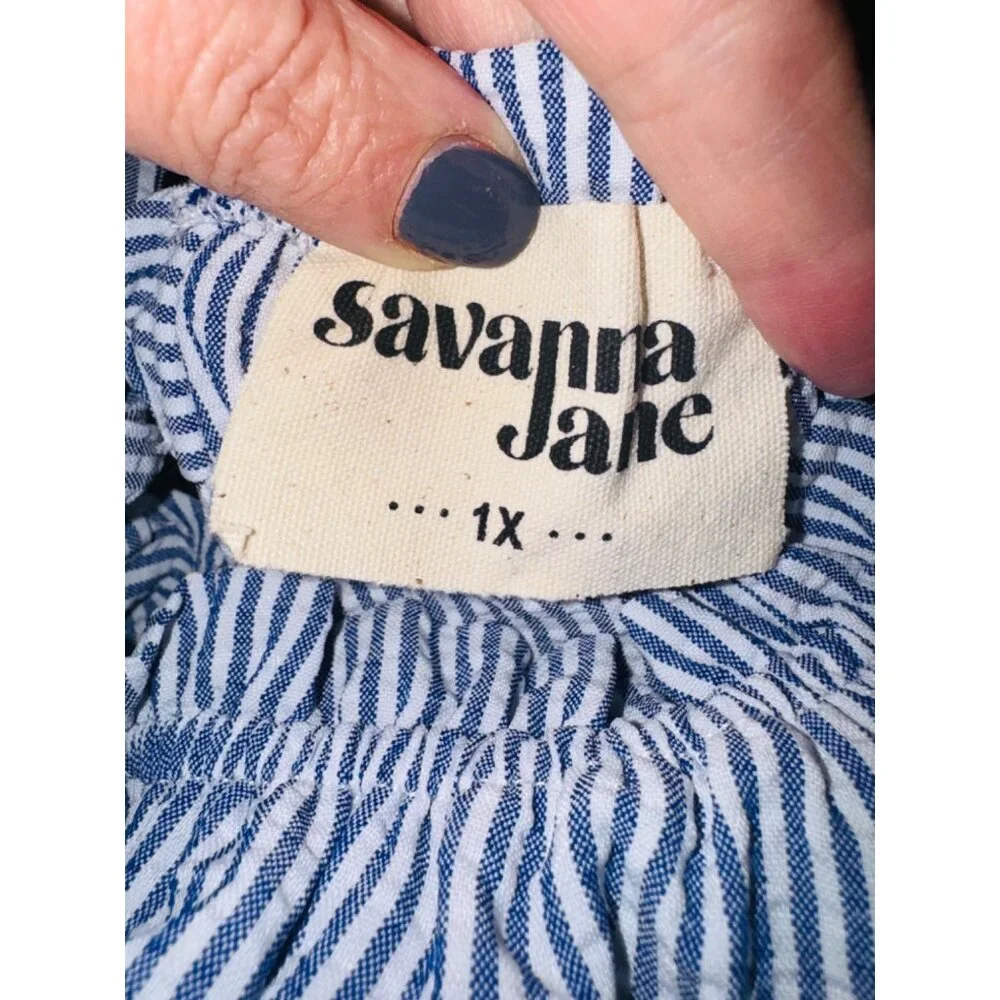 Savanna Jane Blue White Striped Sleeveless Top Embroidery Bow 1X Beach Resort - Picture 7 of 8